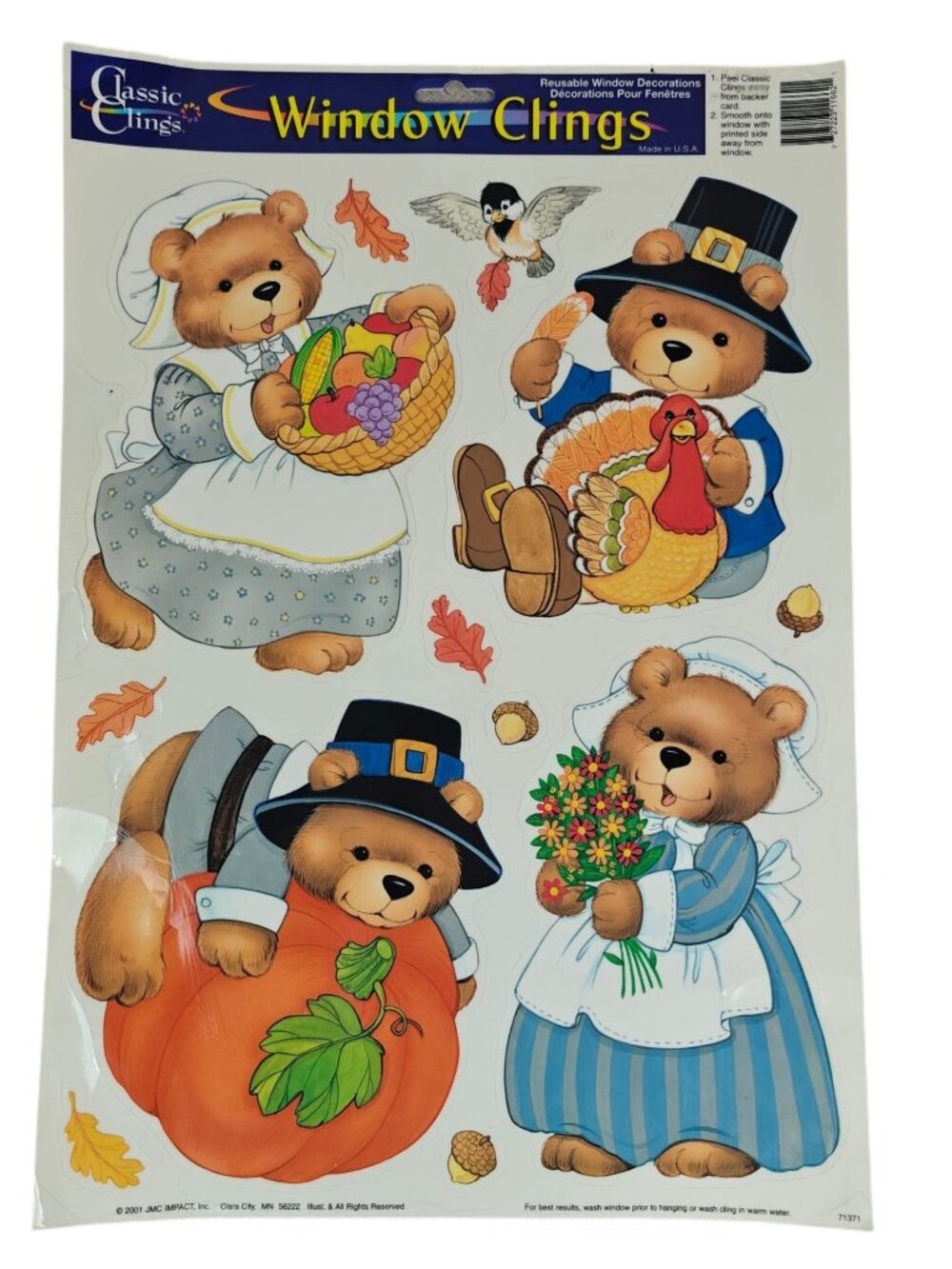 Vintage Classic Clings Thanksgiving Window Clings 2001 Pilgrim Bear Fall Décor
